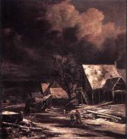 Jacob van Ruisdael - Village At Winter At Moonlight